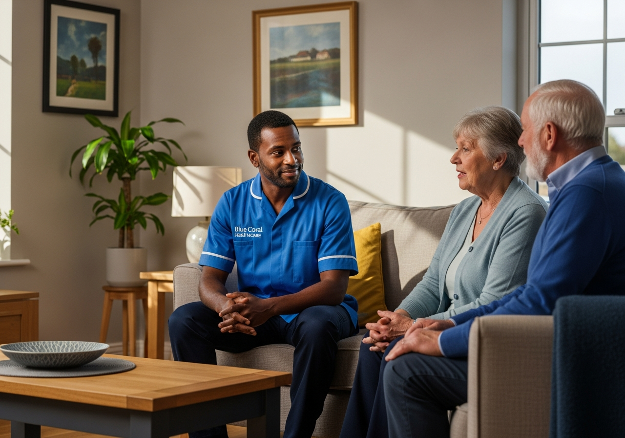 Blue Coral Healthcare carer supporting an elderly man at home in Sheffield