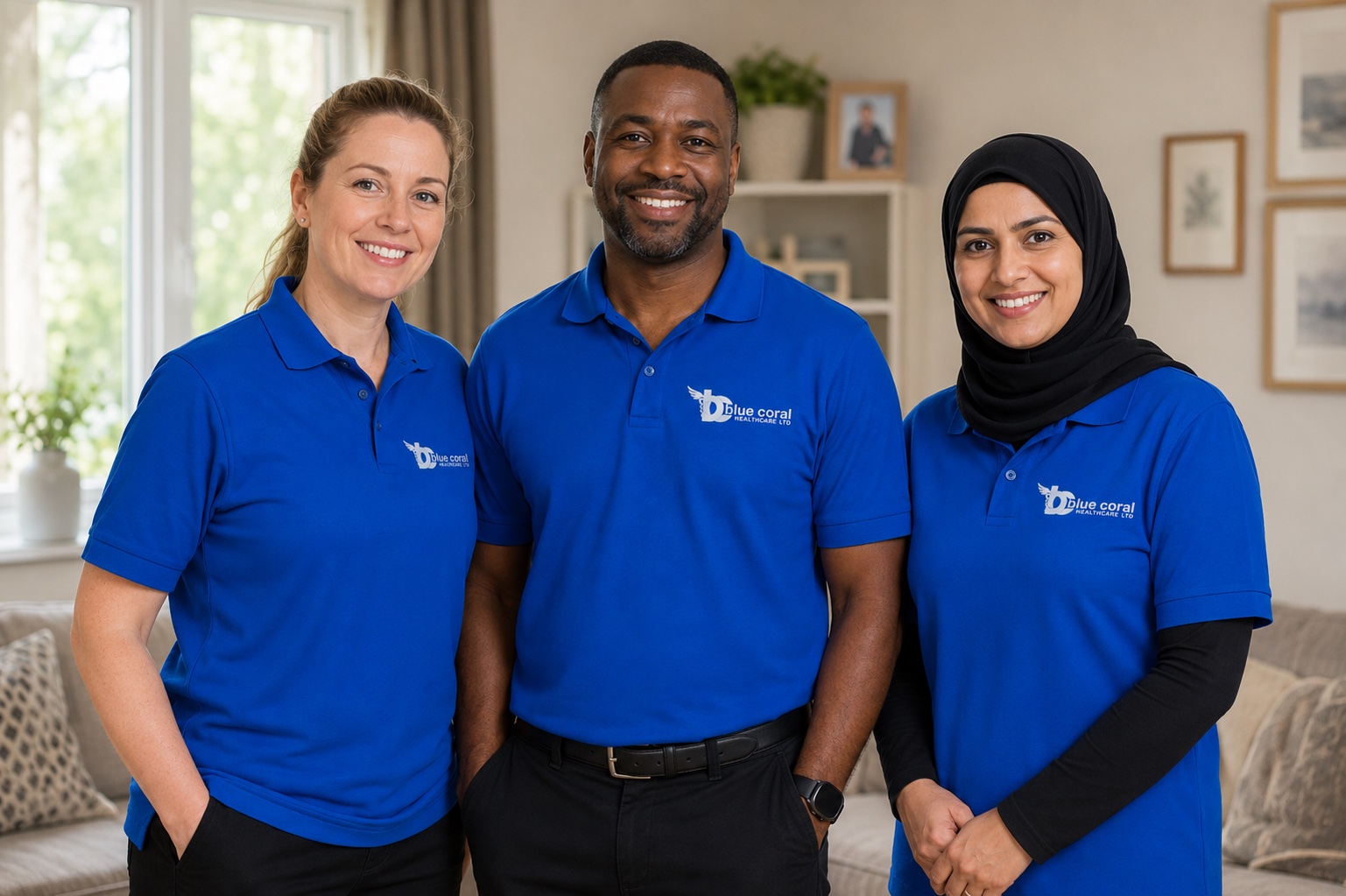 Diverse Blue Coral Healthcare carer team in branded uniforms