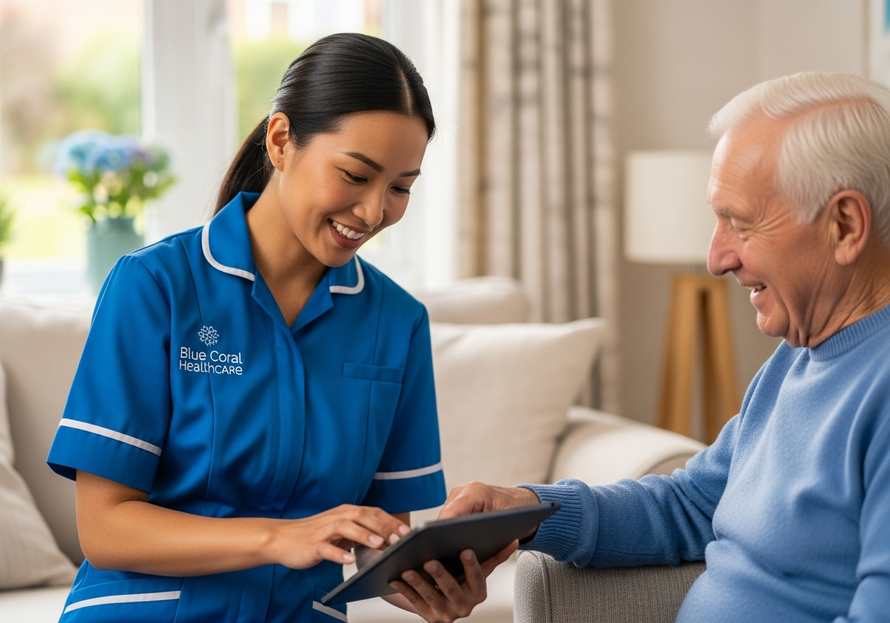Blue Coral Healthcare carer reviewing a flexible care schedule with an elderly man at home