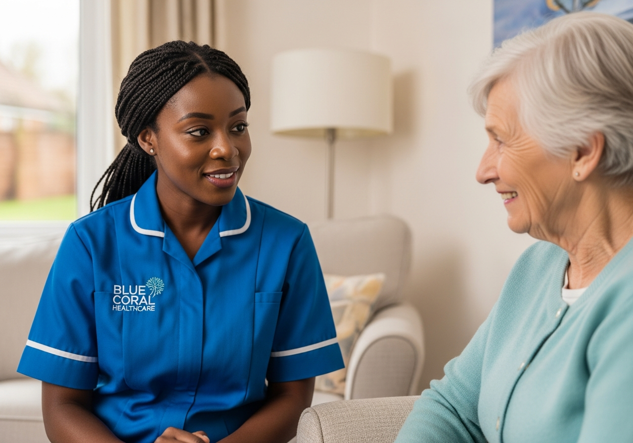 Blue Coral Healthcare carer discussing a bespoke, personalised care plan with an elderly woman in Sheffield