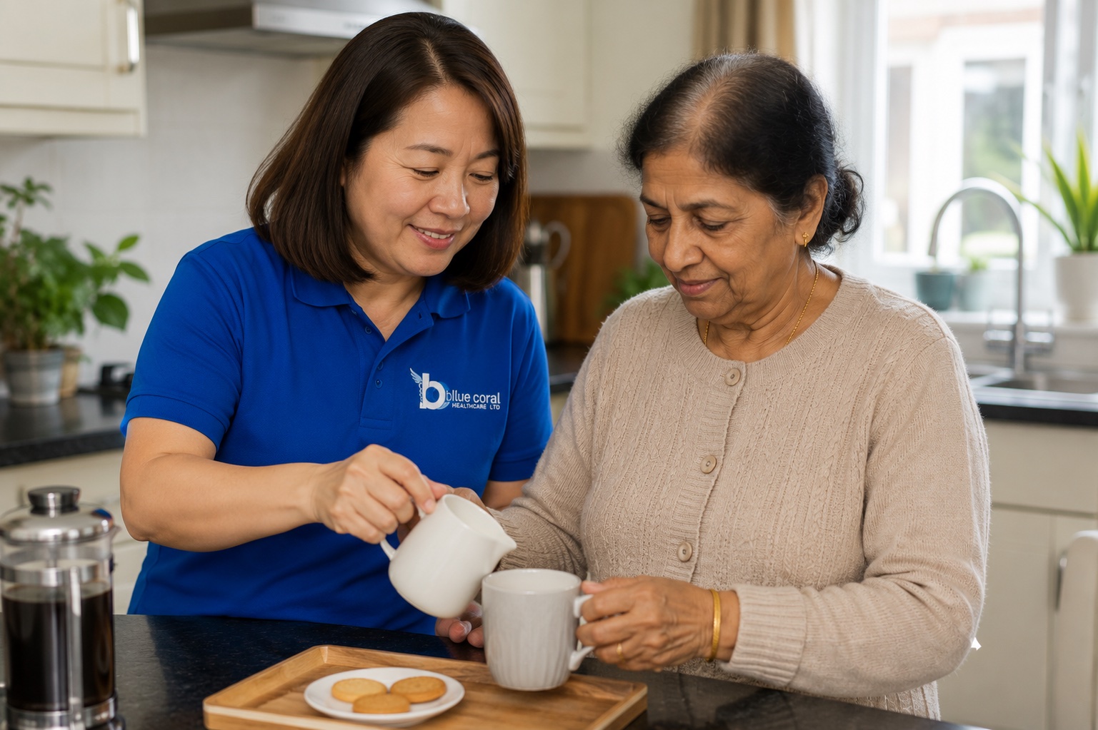 Blue Coral Healthcare carer reviewing a flexible care schedule with an elderly man at home