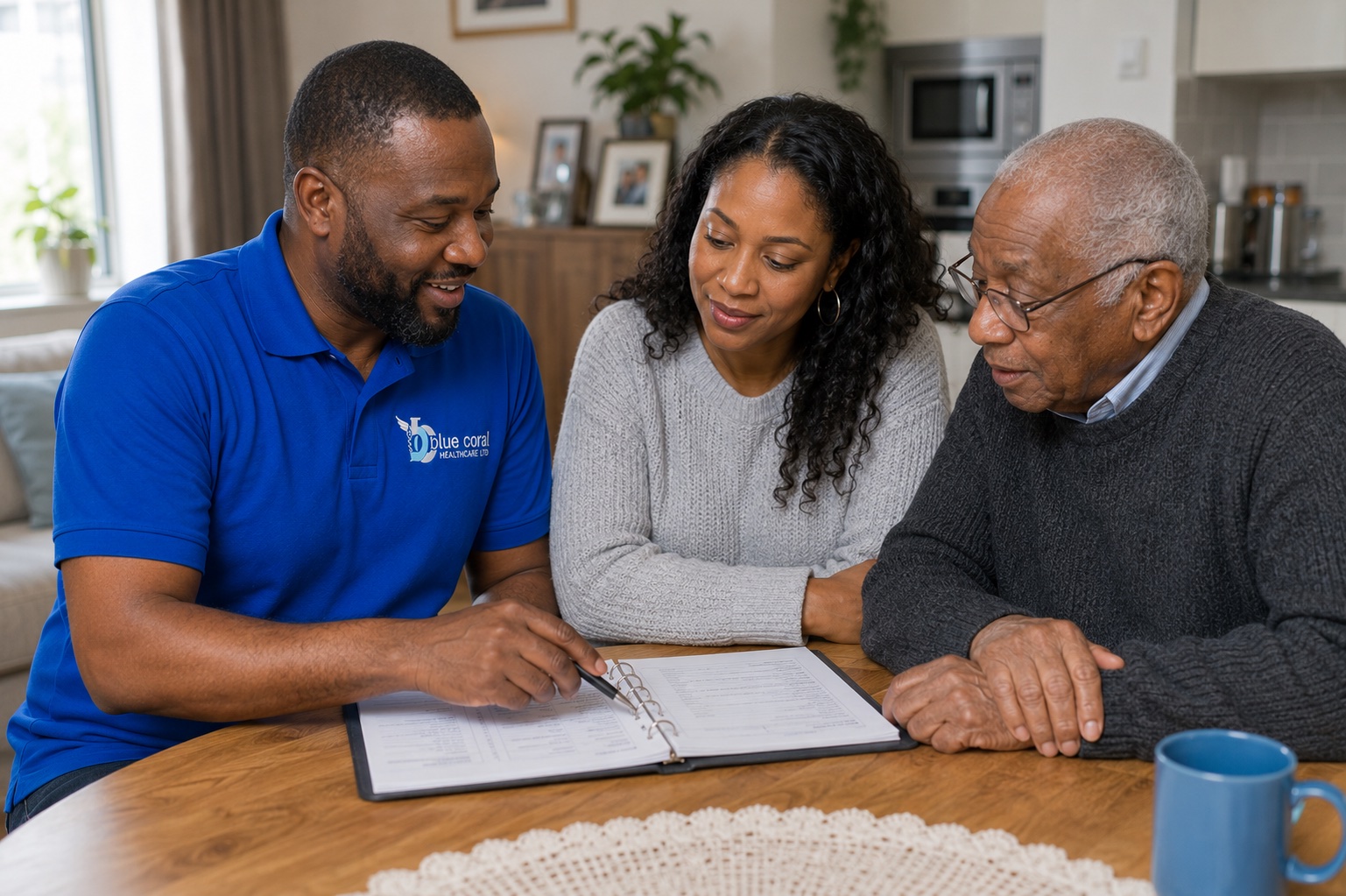 Blue Coral Healthcare carer creating a tailored care plan with a UK family at home