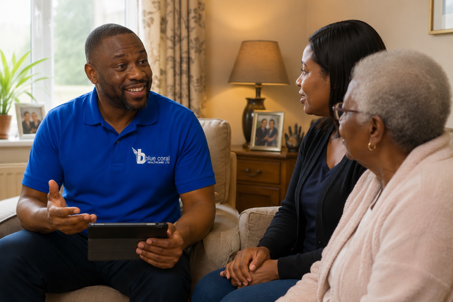 Blue Coral Healthcare carer carrying out a free home care assessment with a family