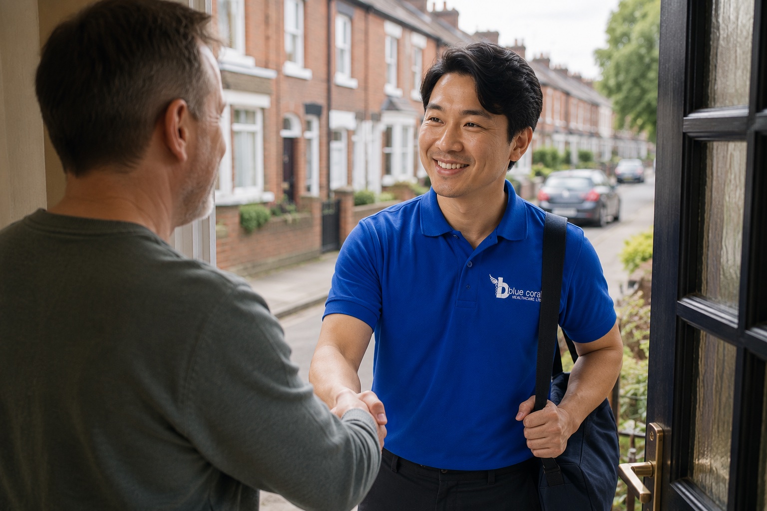 Blue Coral Healthcare carer warmly greeting a family member at home