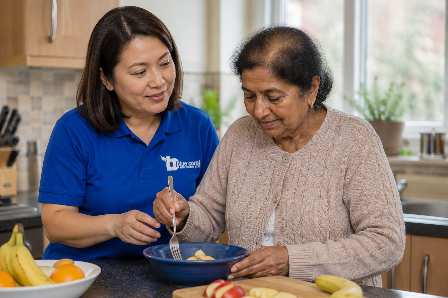Blue Coral Healthcare carer supporting a calm daily routine for dementia care