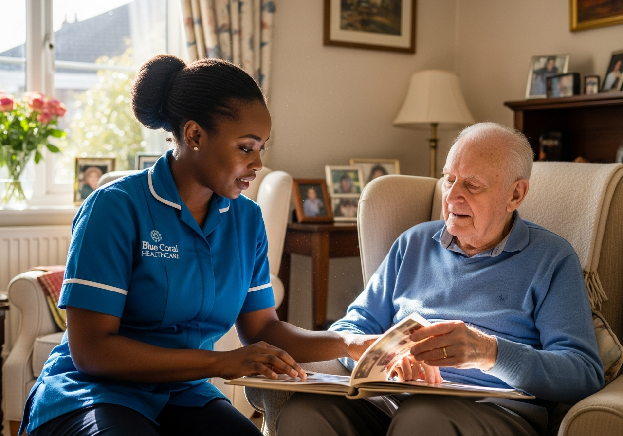 Blue Coral Healthcare carer supporting an elderly woman with a calm daily routine for dementia care