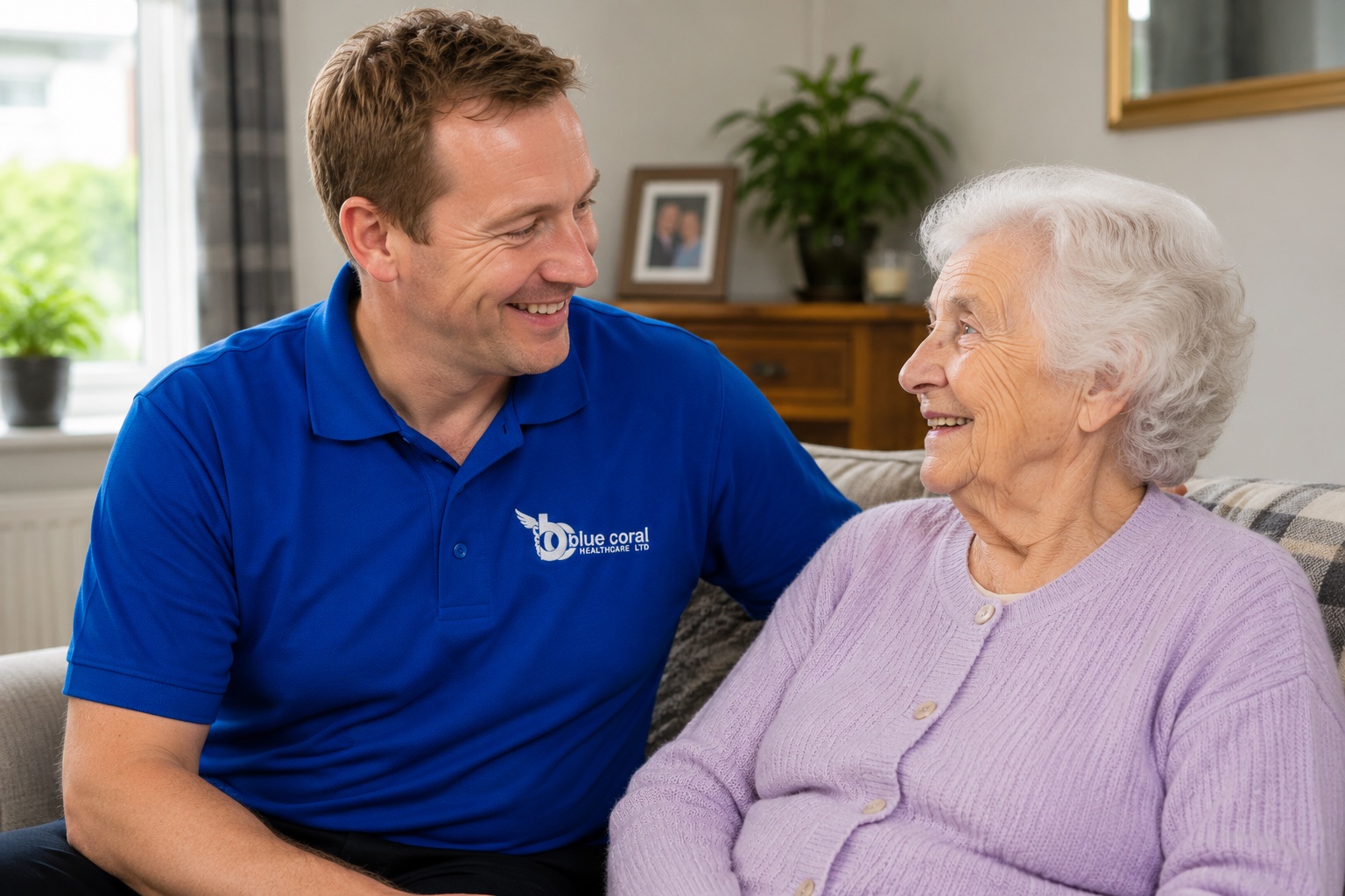 Blue Coral Healthcare carer sharing a reassuring moment with a dementia client