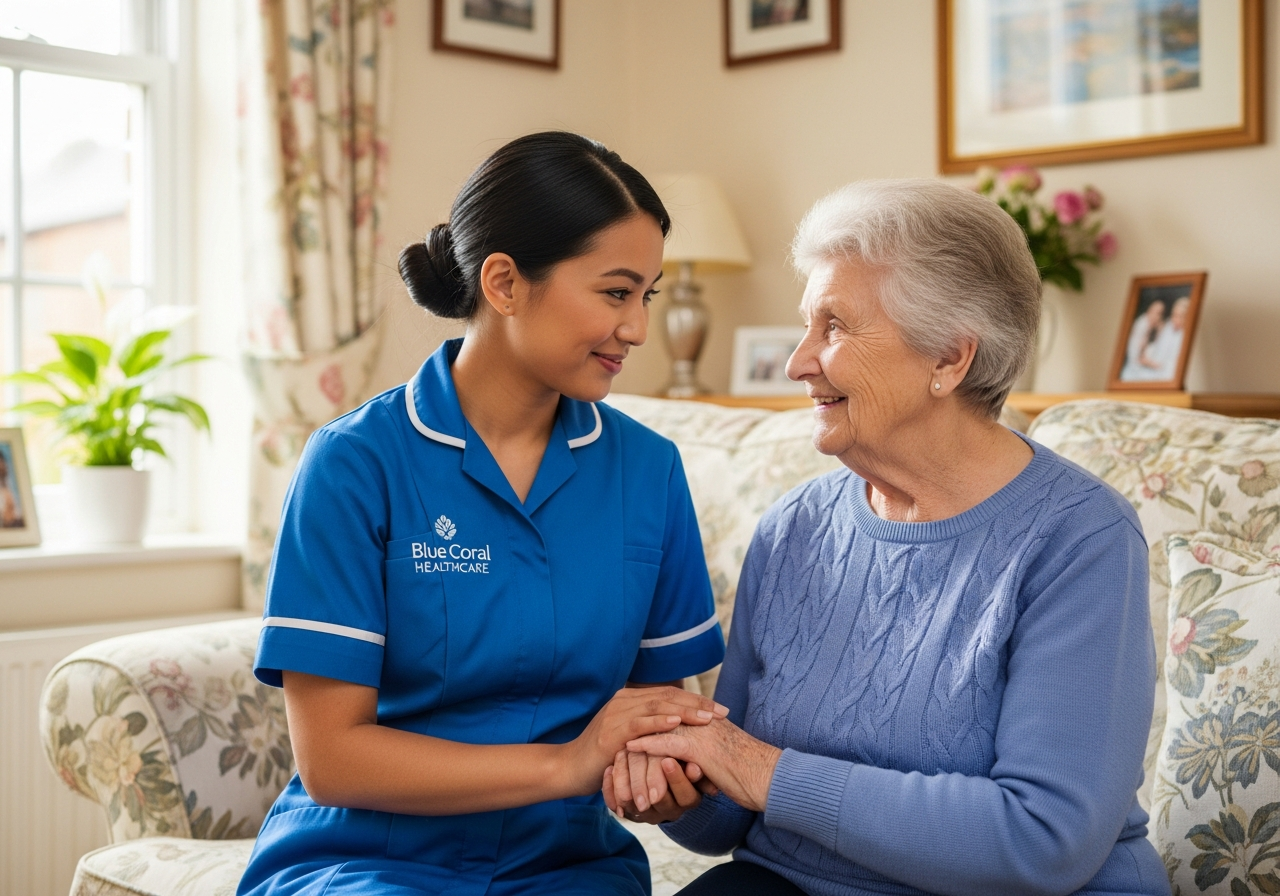 Blue Coral Healthcare carer providing gentle dementia care to an elderly woman at home in Sheffield
