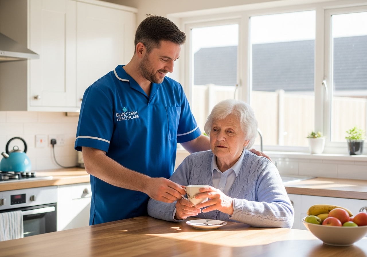 Blue Coral Healthcare carer using a photo album to support memory for a man with dementia