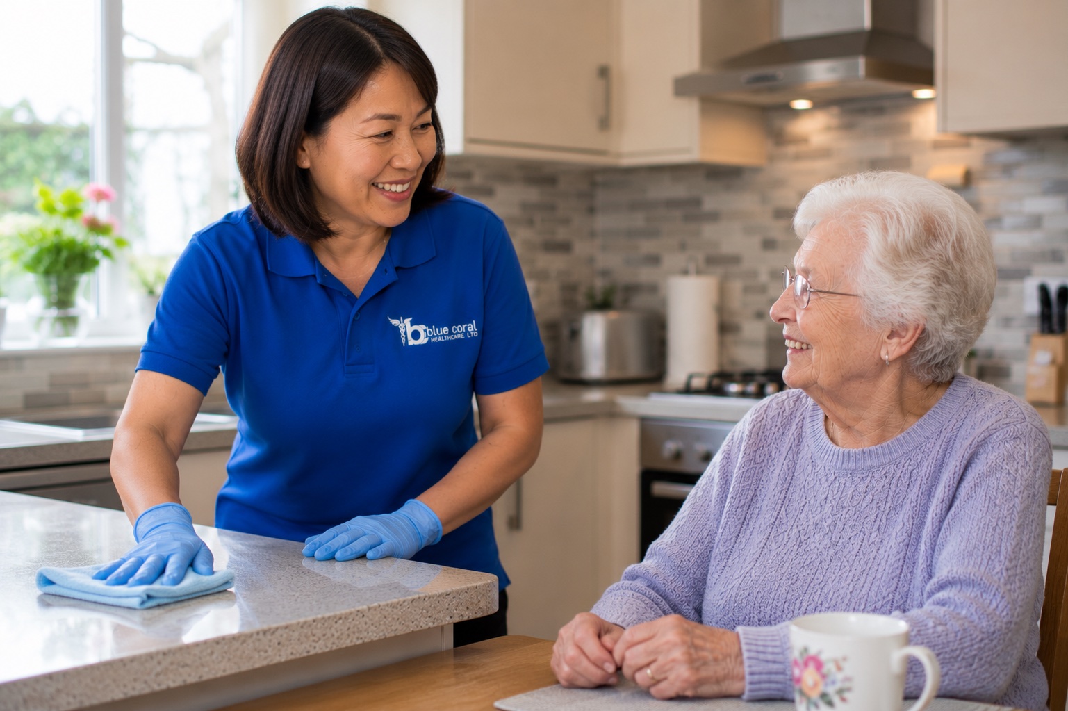 Blue Coral Healthcare carer cleaning the kitchen during domestic support for an elderly woman