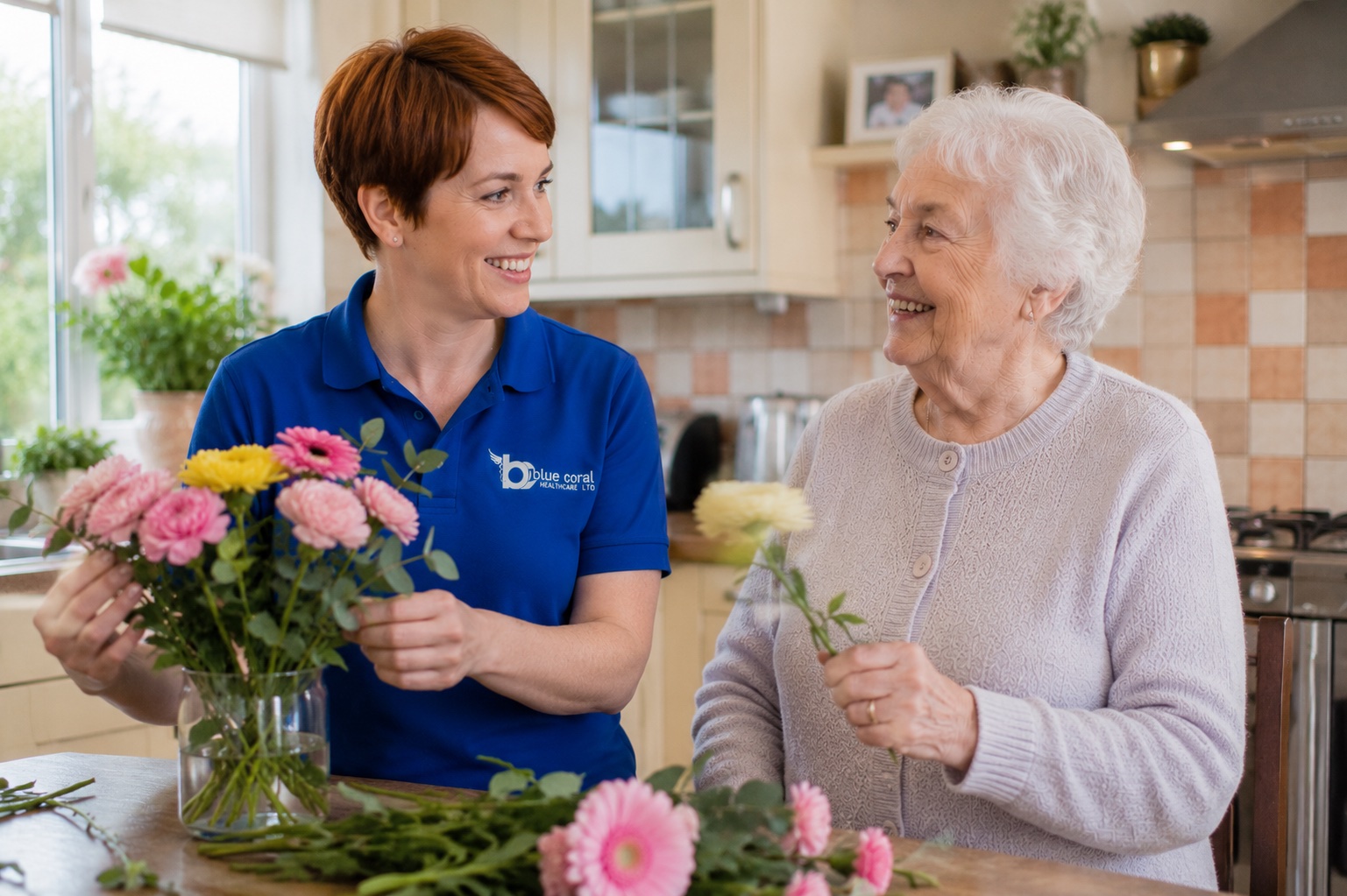 Blue Coral Healthcare carer providing domestic support in an elderly woman's kitchen across the UK
