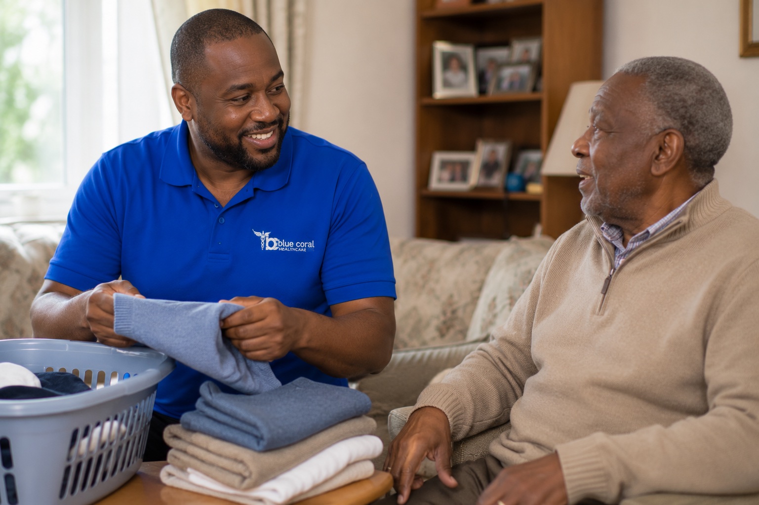 Blue Coral Healthcare carer helping with laundry and home tasks for an elderly man across the UK