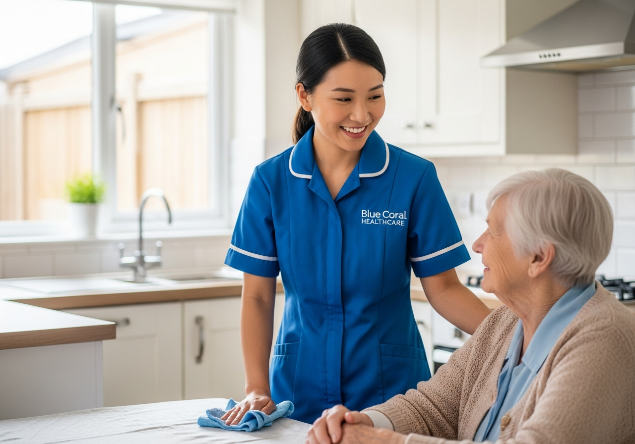 Blue Coral Healthcare carer cleaning the kitchen during domestic support for an elderly woman
