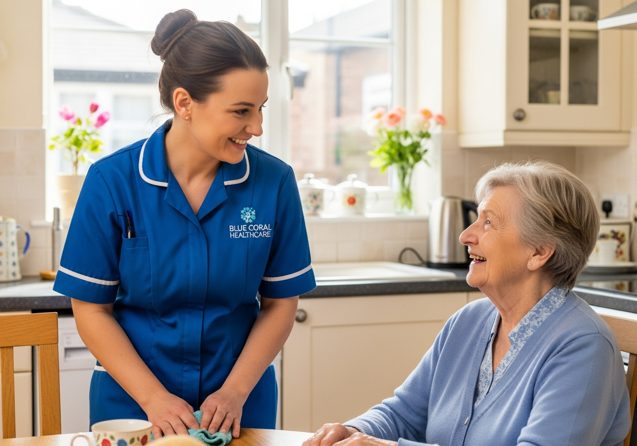 Blue Coral Healthcare carer providing domestic support in an elderly woman's kitchen in Sheffield