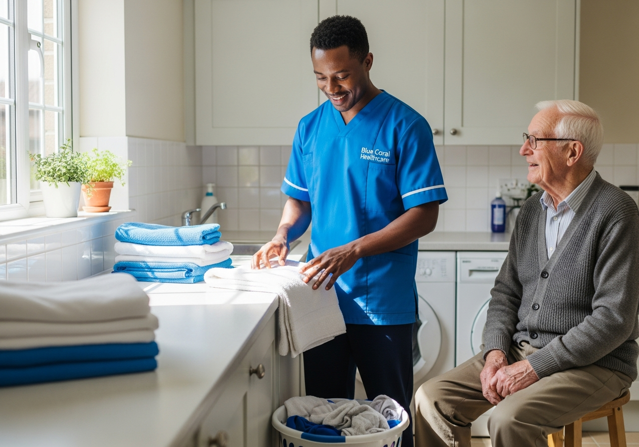 Blue Coral Healthcare carer helping with laundry and home tasks for an elderly man in Sheffield