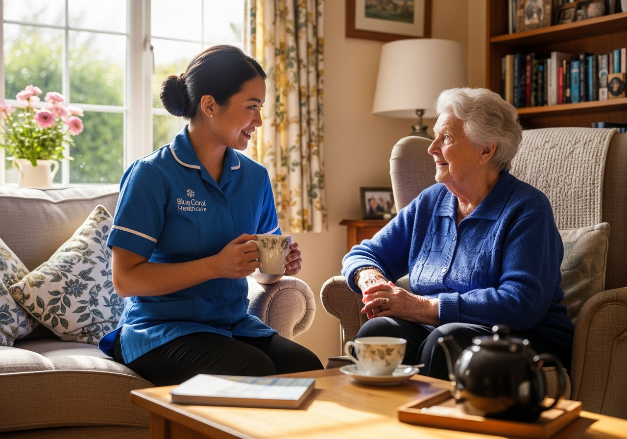 Blue Coral Healthcare live-in carer enjoying companionship with an elderly woman at home