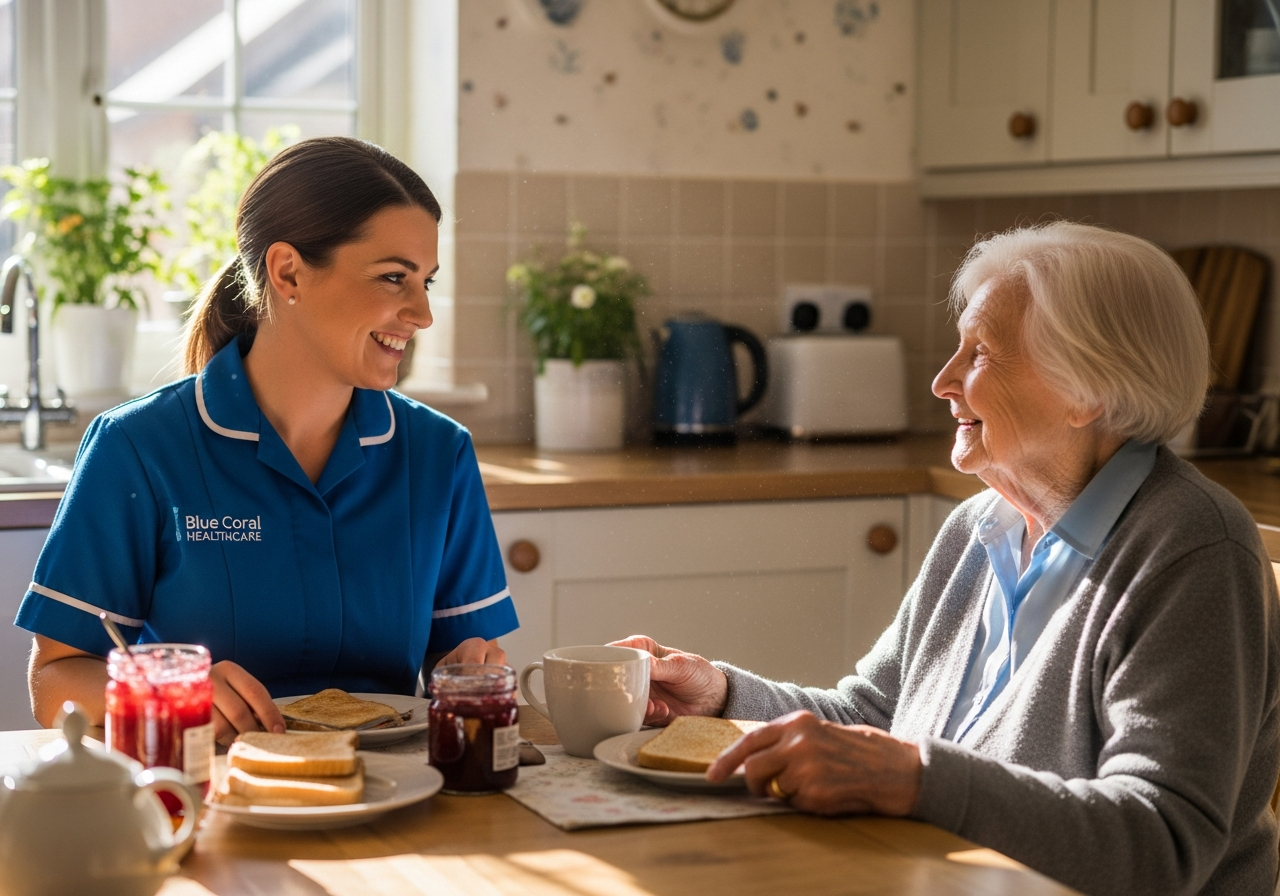 Blue Coral Healthcare live-in carer sharing breakfast with an elderly woman at home in Sheffield
