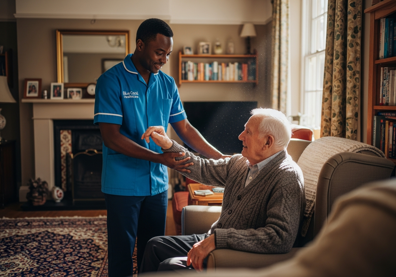 Blue Coral Healthcare live-in carer helping an elderly man settle comfortably at home in Sheffield