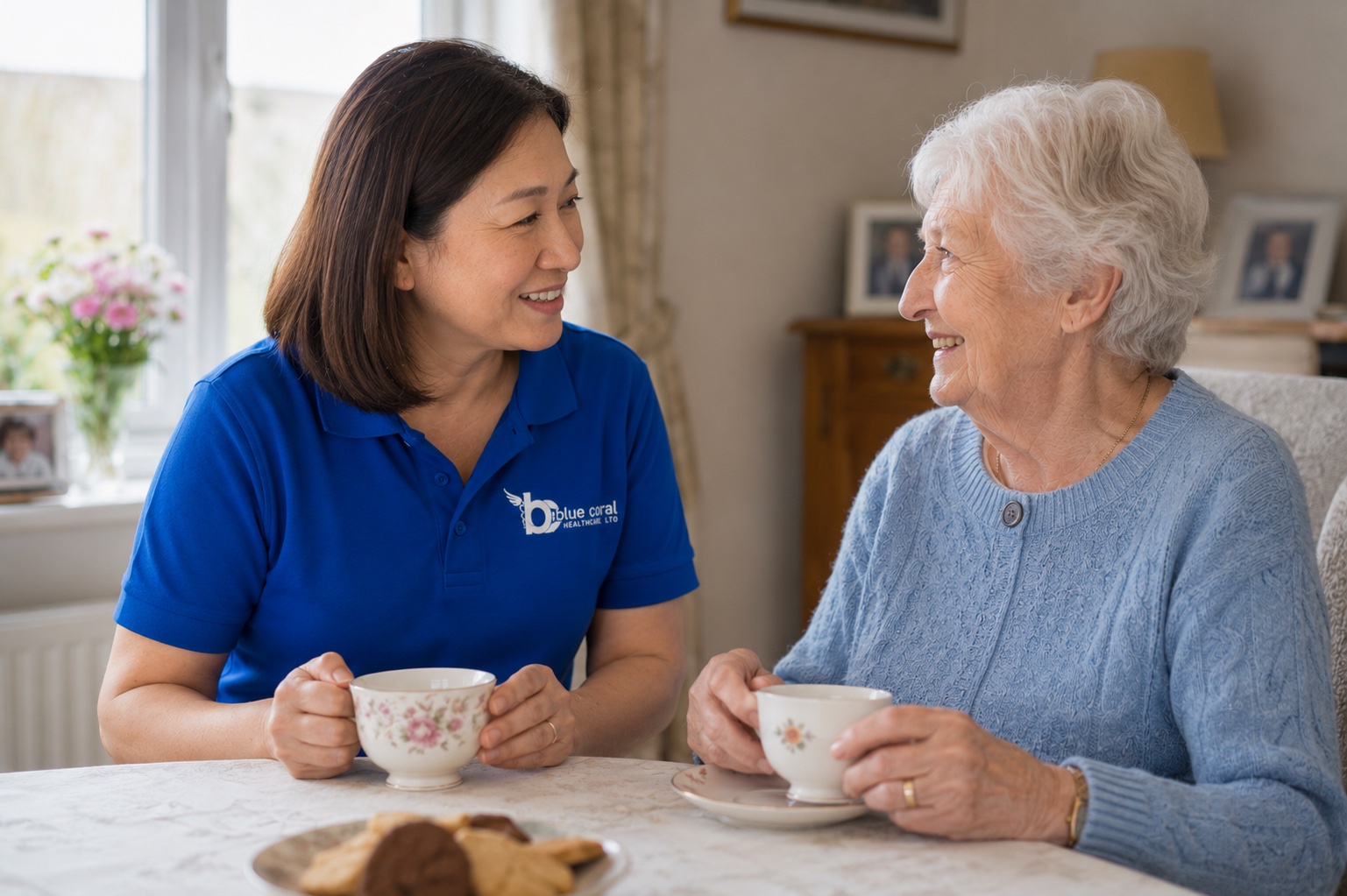 Blue Coral Healthcare live-in carer enjoying companionship with an elderly woman at home