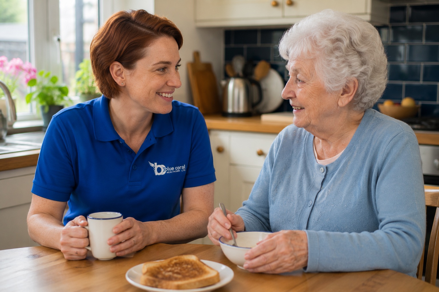 Blue Coral Healthcare live-in carer sharing breakfast with an elderly woman at home across the UK