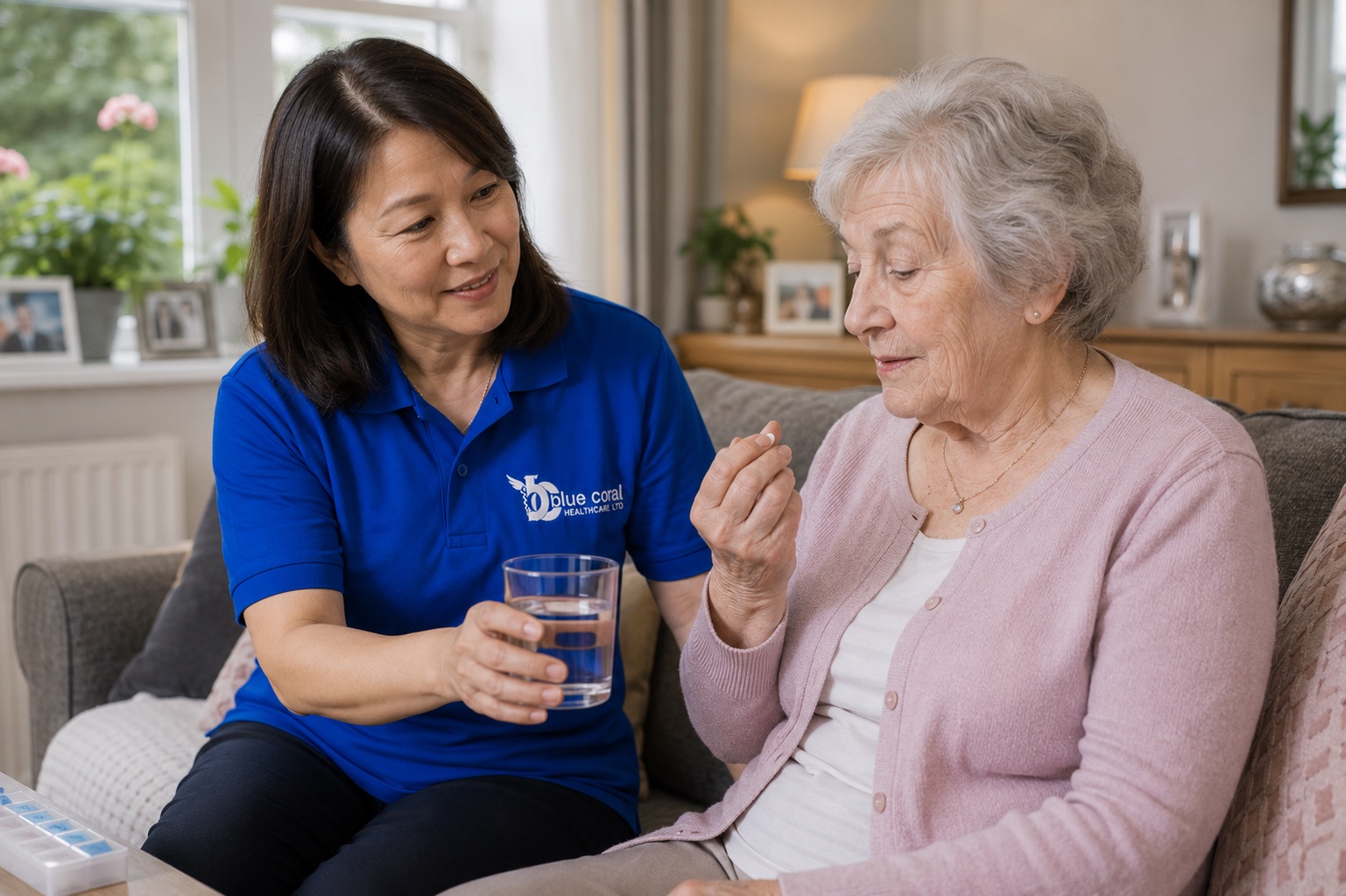 Blue Coral Healthcare carer supporting an elderly woman to take her medication safely at home