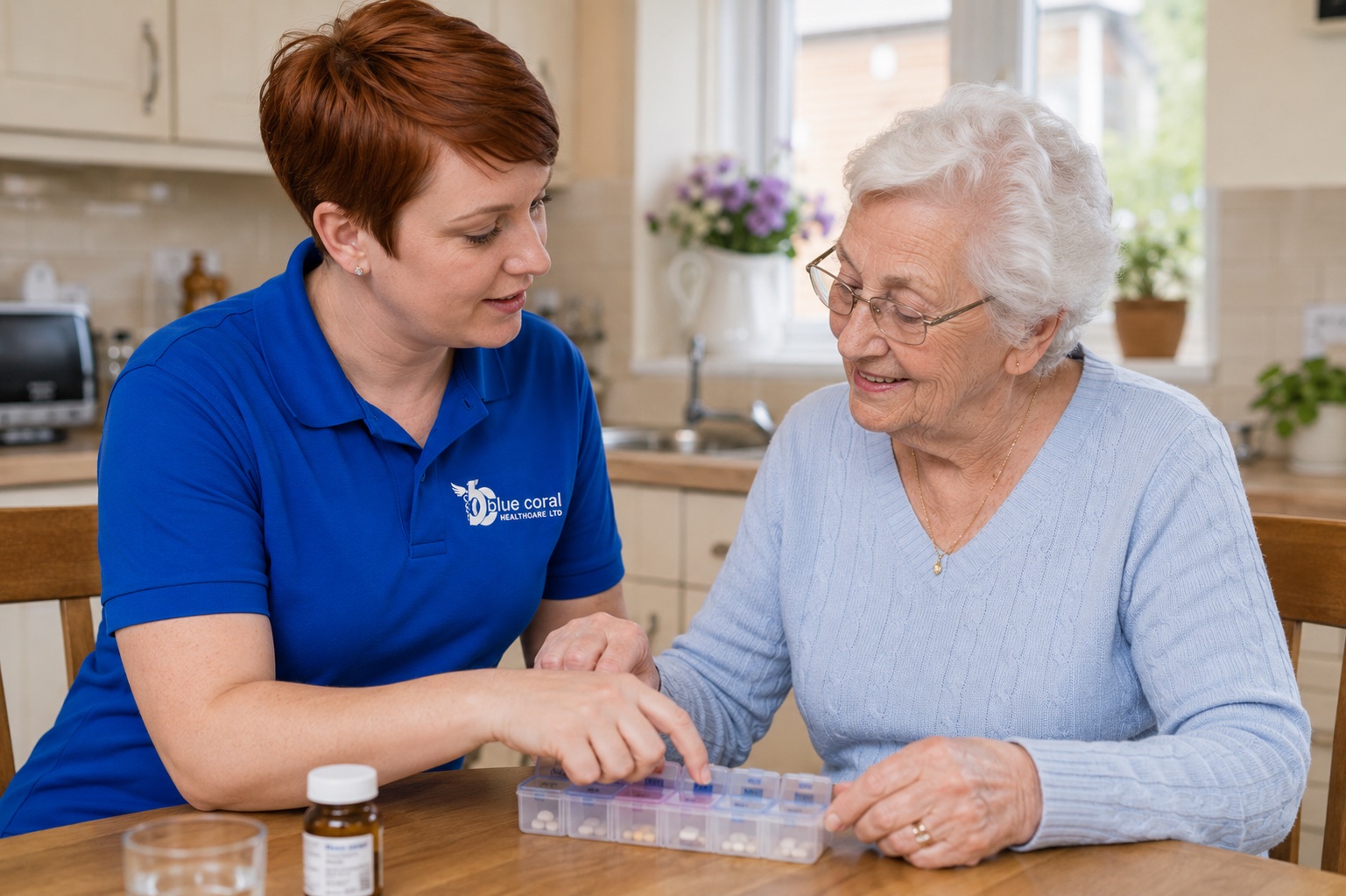 Blue Coral Healthcare carer helping an elderly woman organise her medication safely at home across the UK