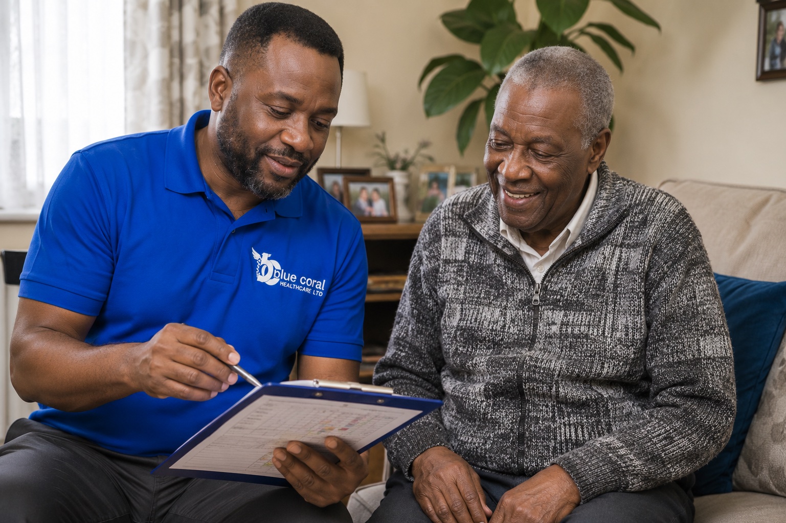 Blue Coral Healthcare carer checking a medication chart during medication support at home across the UK