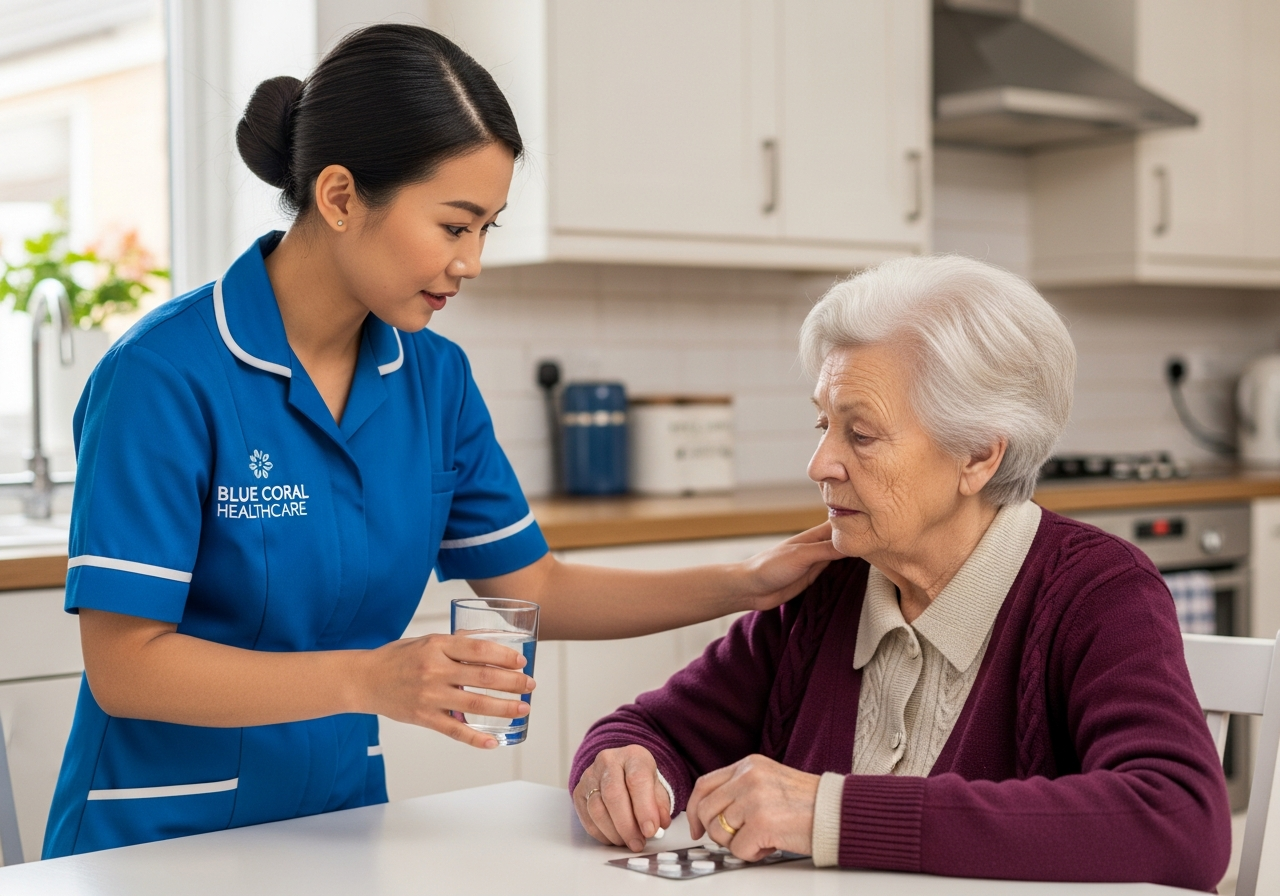 Blue Coral Healthcare carer supporting an elderly woman to take her medication safely at home