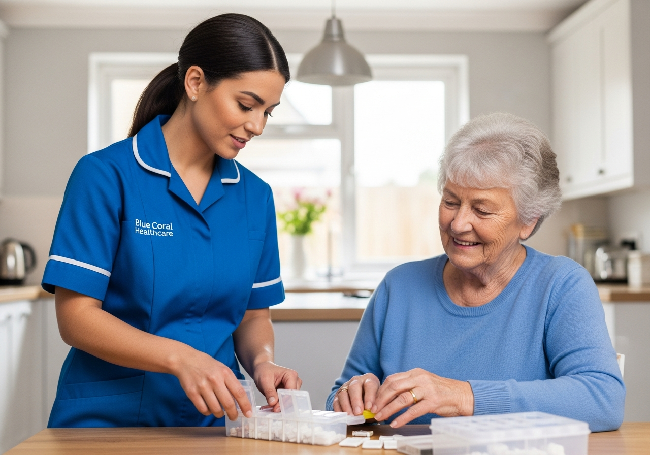 Blue Coral Healthcare carer helping an elderly woman organise her medication safely at home in Sheffield
