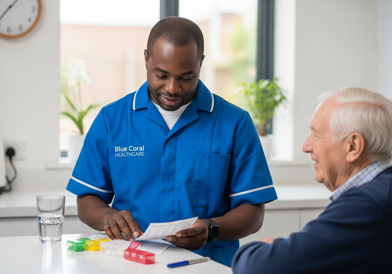 Blue Coral Healthcare carer checking a medication chart during medication support at home in Sheffield