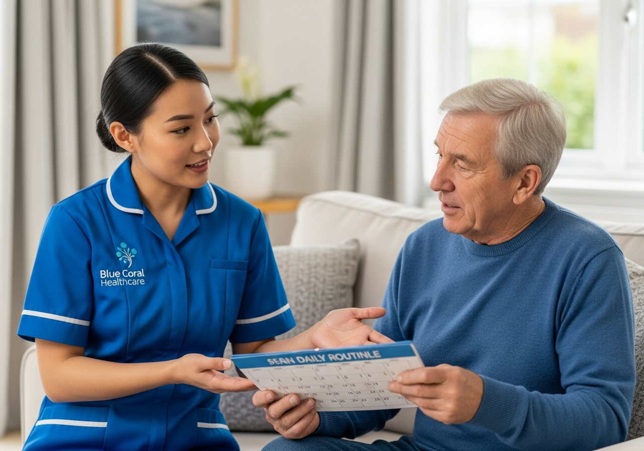 Blue Coral Healthcare carer helping an adult client plan a daily routine for mental health support