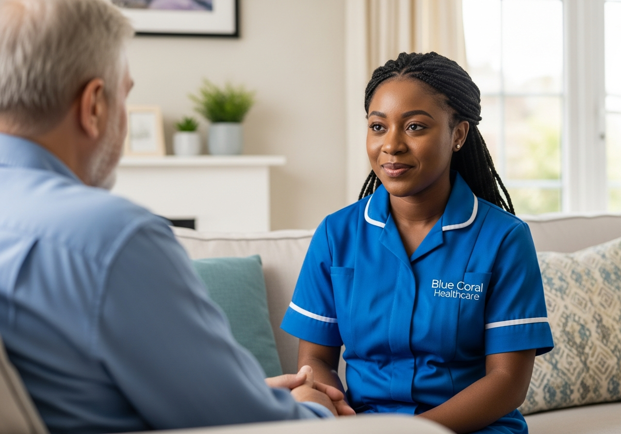 Blue Coral Healthcare carer offering compassionate mental health support to an adult client in Sheffield