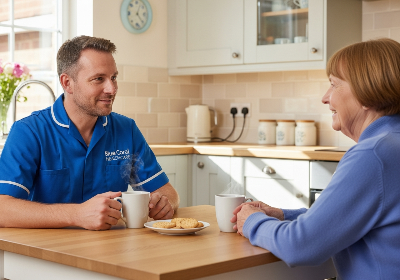 Blue Coral Healthcare carer providing reassuring mental health support to an adult woman at home