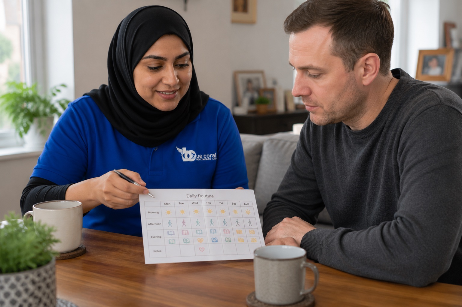 Blue Coral Healthcare carer helping an adult client plan a daily routine for mental health support