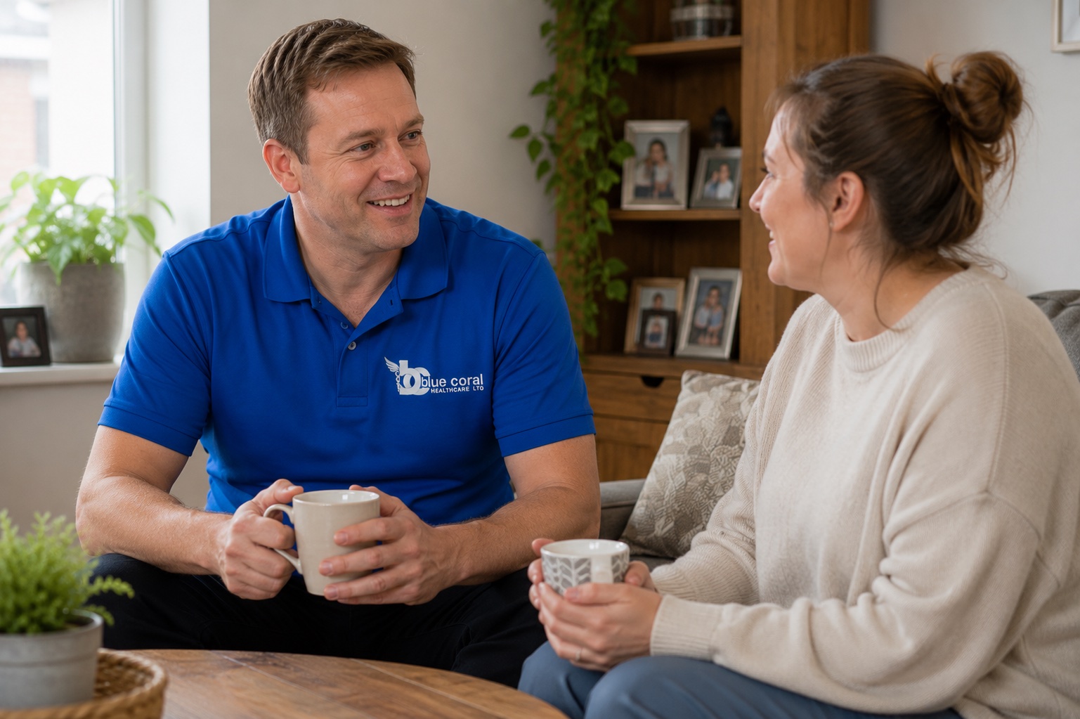 Blue Coral Healthcare carer providing reassuring mental health support to an adult woman at home