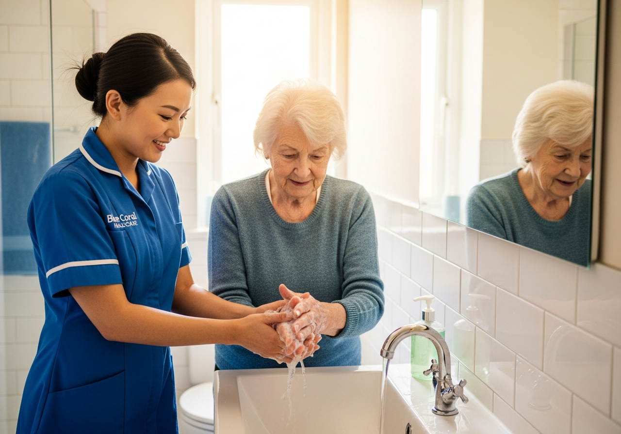 Blue Coral Healthcare carer assisting an elderly woman with washing during personal care at home