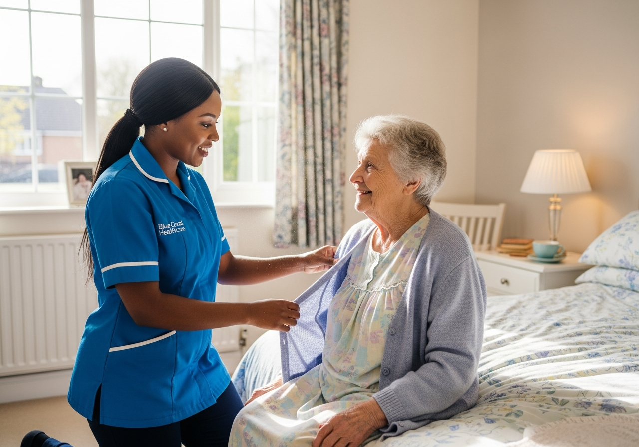 Blue Coral Healthcare carer providing dignified personal care to an elderly woman at home in Sheffield