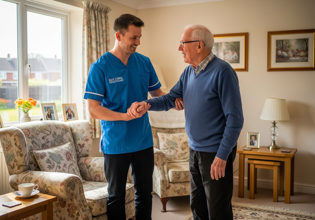 Blue Coral Healthcare carer helping an elderly man stand safely during personal care at home