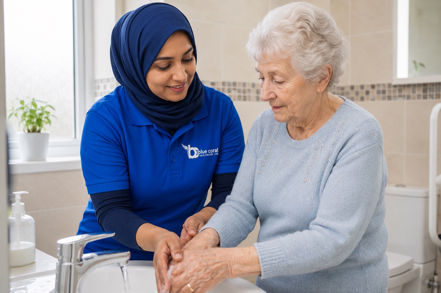 Blue Coral Healthcare carer assisting an elderly woman with washing during personal care at home