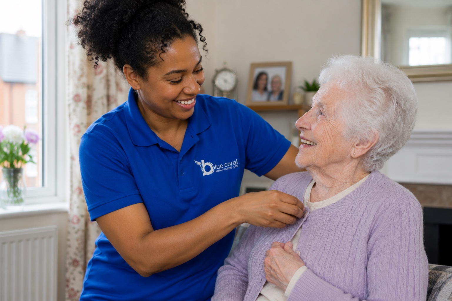 Blue Coral Healthcare carer providing dignified personal care to an elderly woman at home across the UK