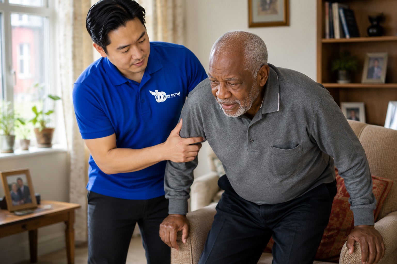 Blue Coral Healthcare carer helping an elderly man stand safely during personal care at home