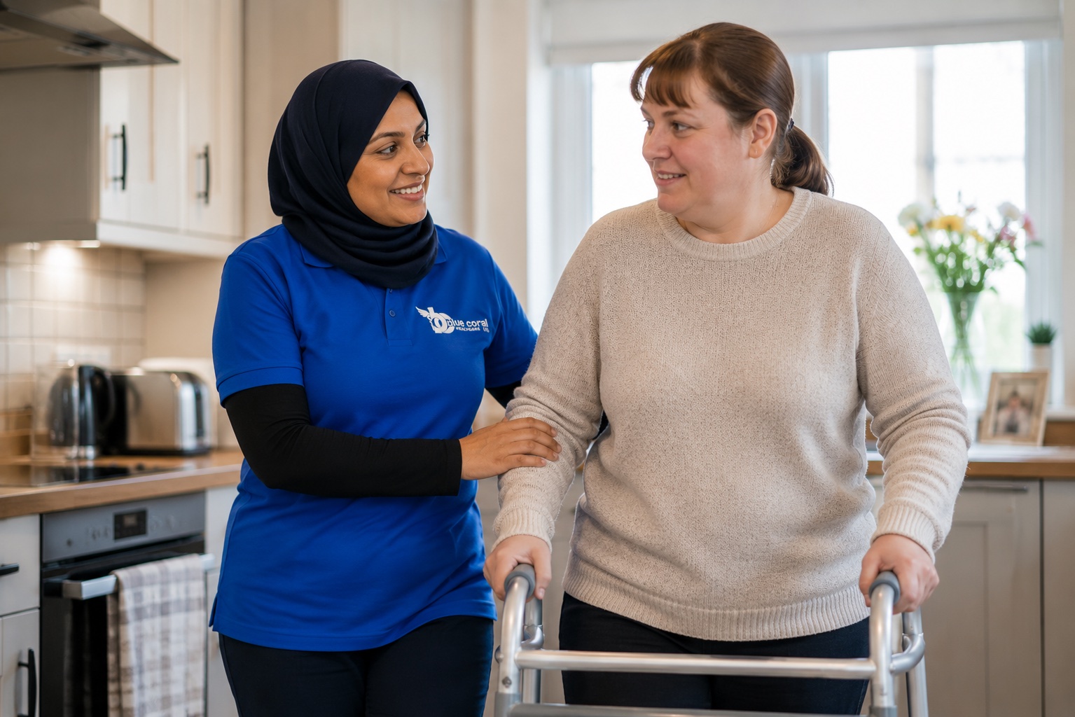 Blue Coral Healthcare carer supporting an adult with mobility using a walking aid at home