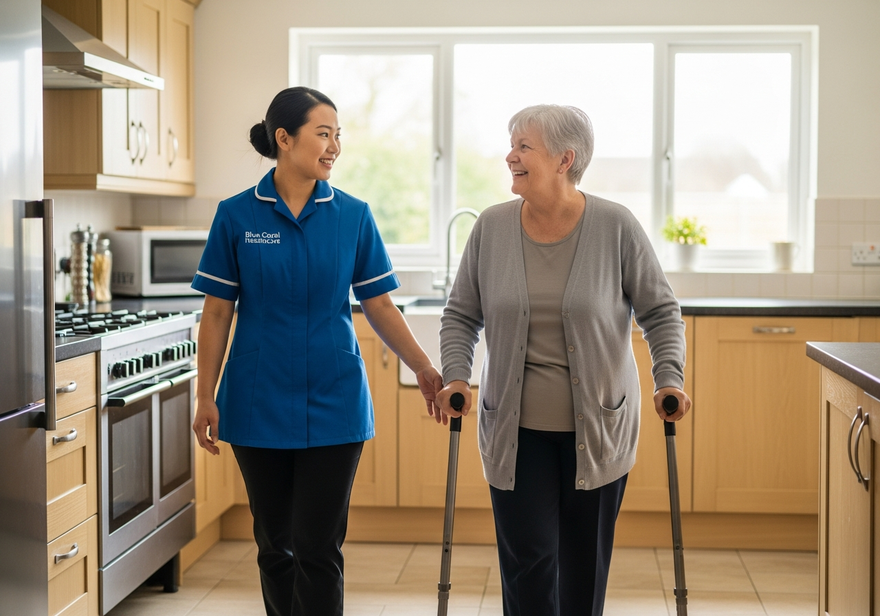 Blue Coral Healthcare carer supporting an adult with mobility using a walking aid at home