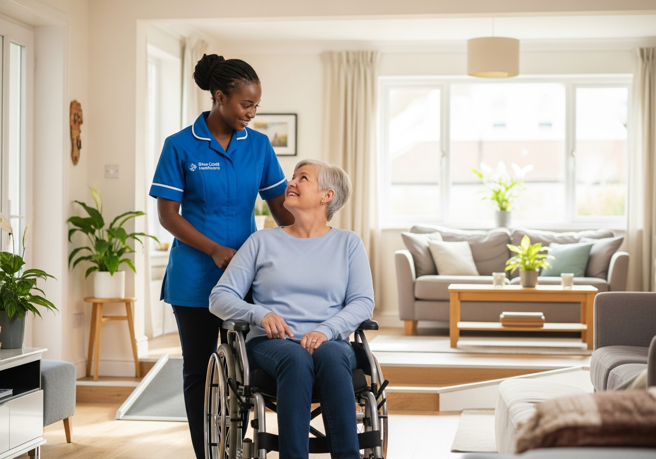 Blue Coral Healthcare carer supporting a wheelchair user with daily living at home in Sheffield