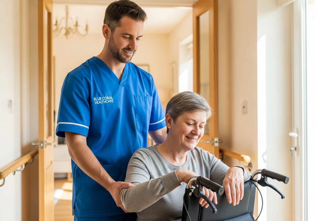 Blue Coral Healthcare carer providing safe transfer support for an adult with a physical disability