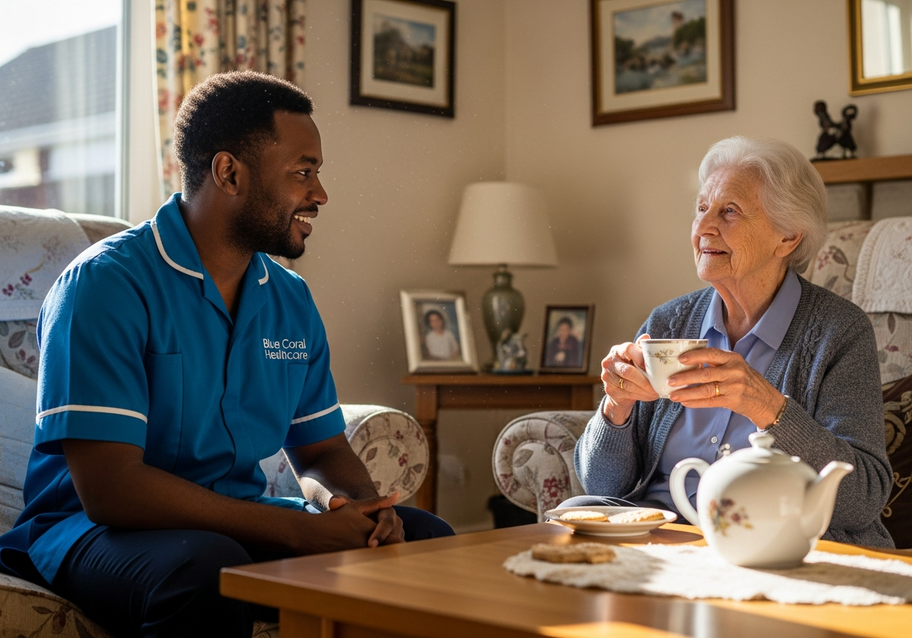 Blue Coral Healthcare carer assisting an elderly woman with personal care and mobility at home