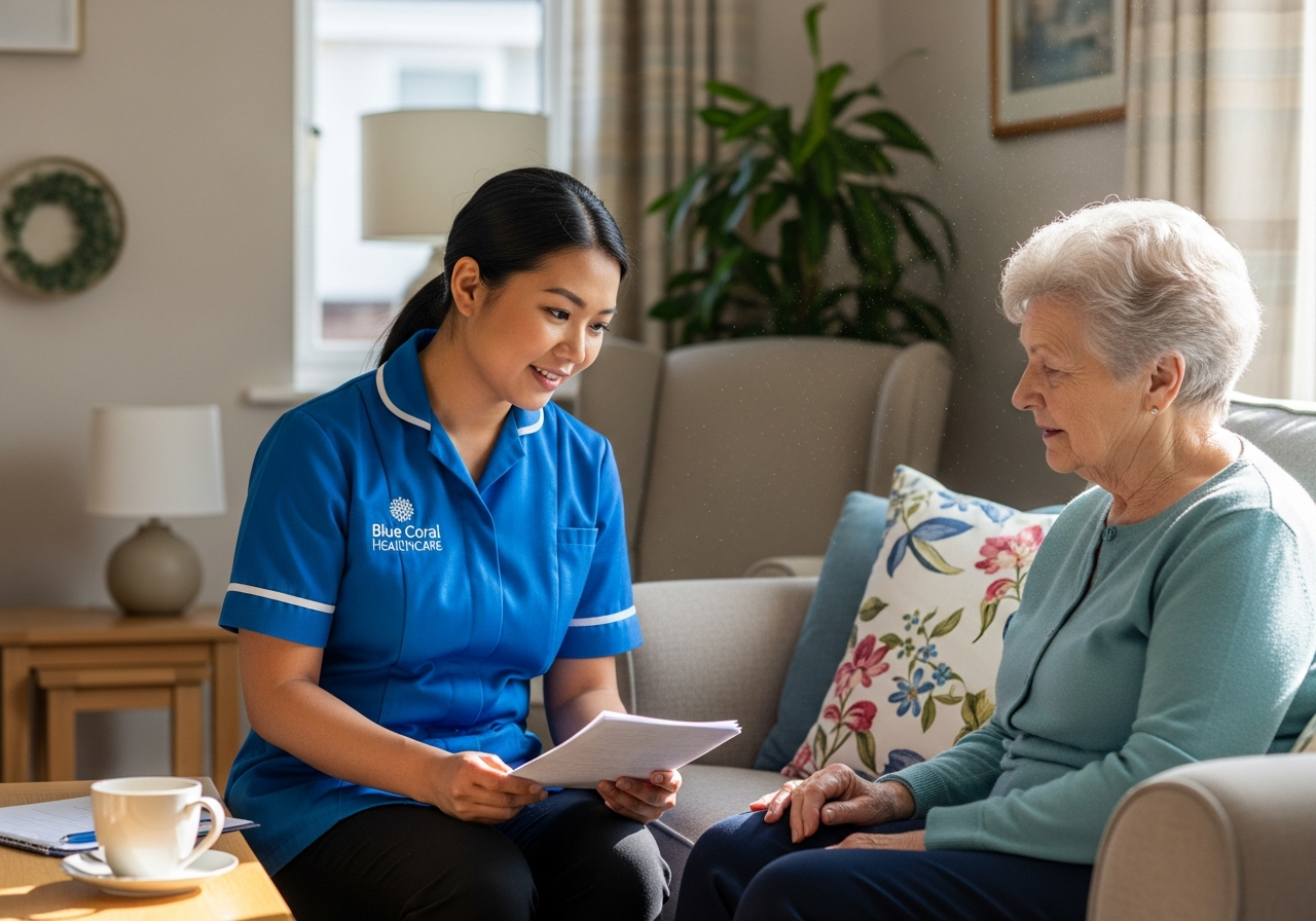 Blue Coral Healthcare carer following a care routine handover during respite care at home