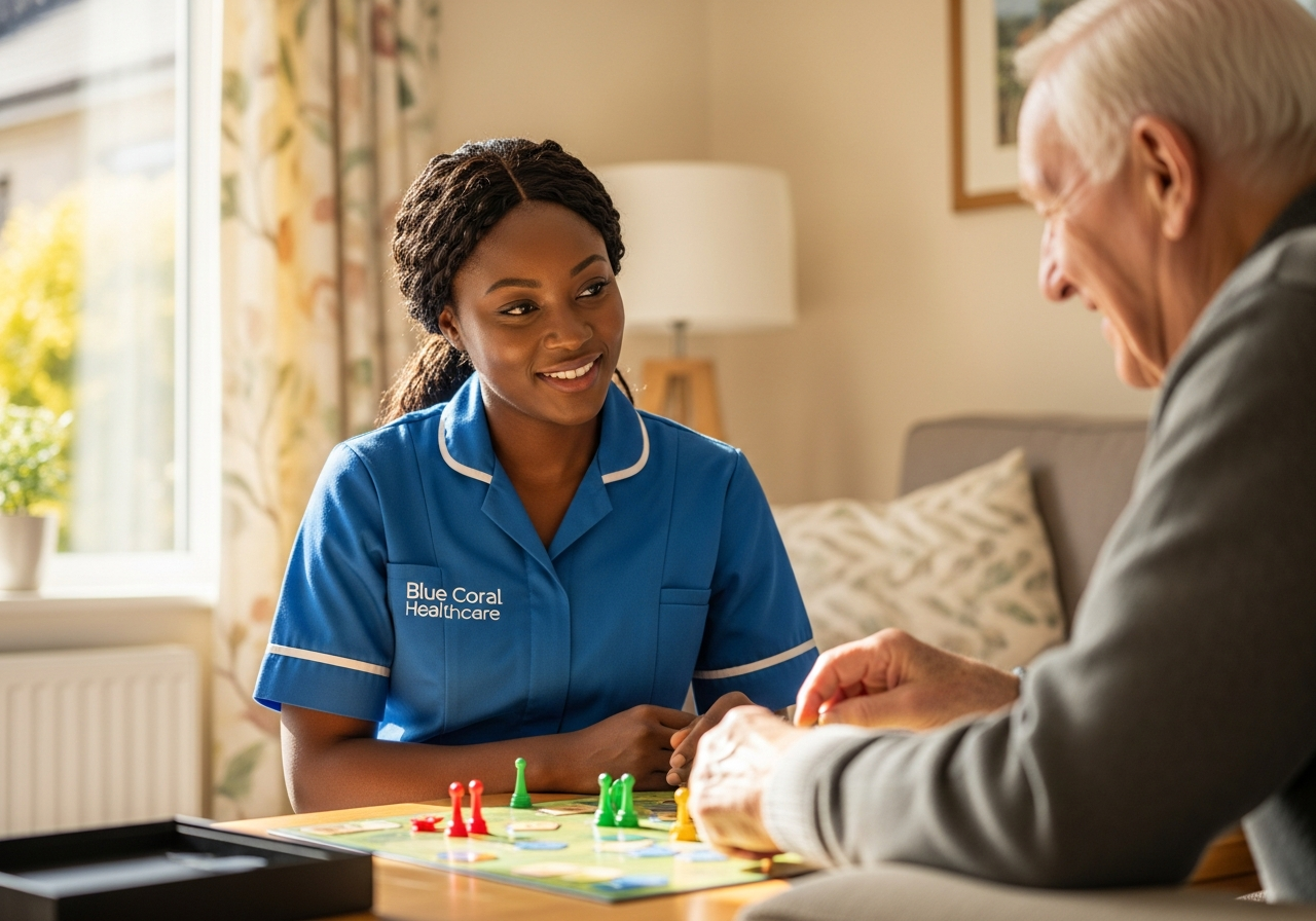 Blue Coral Healthcare carer enjoying an activity with an elderly man during respite care in Sheffield