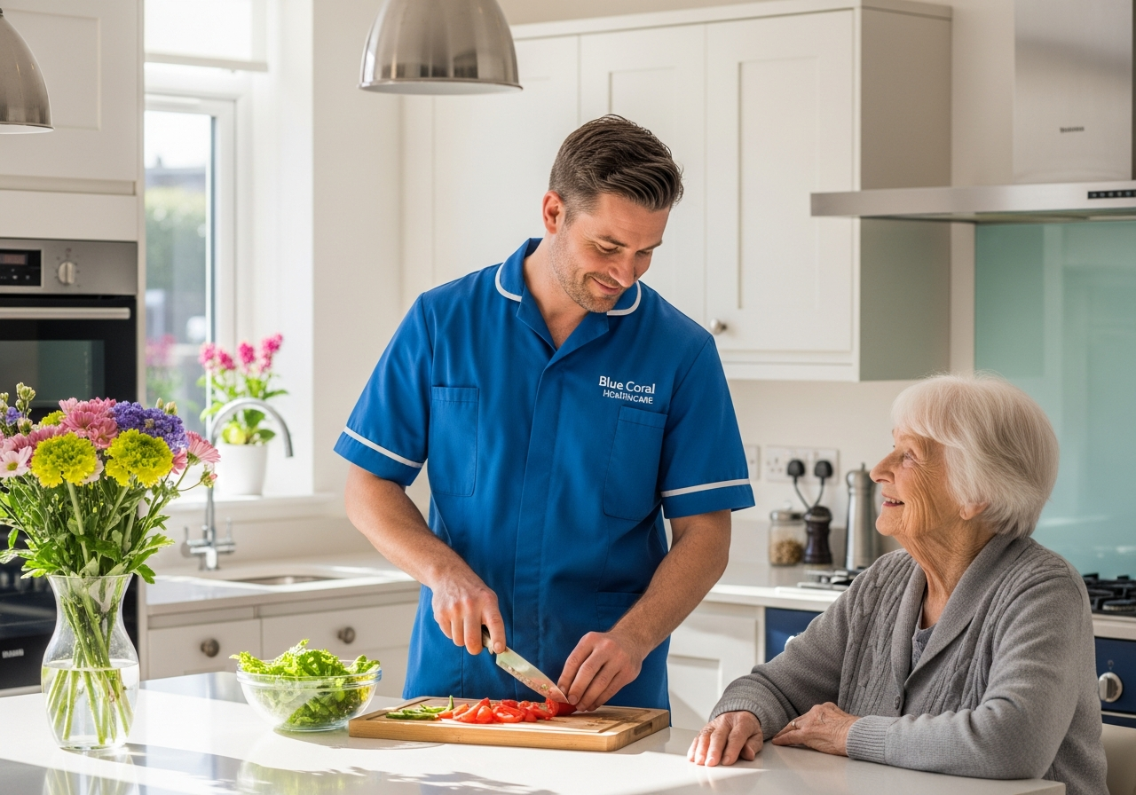 Blue Coral Healthcare carer preparing lunch for an elderly woman during respite care at home