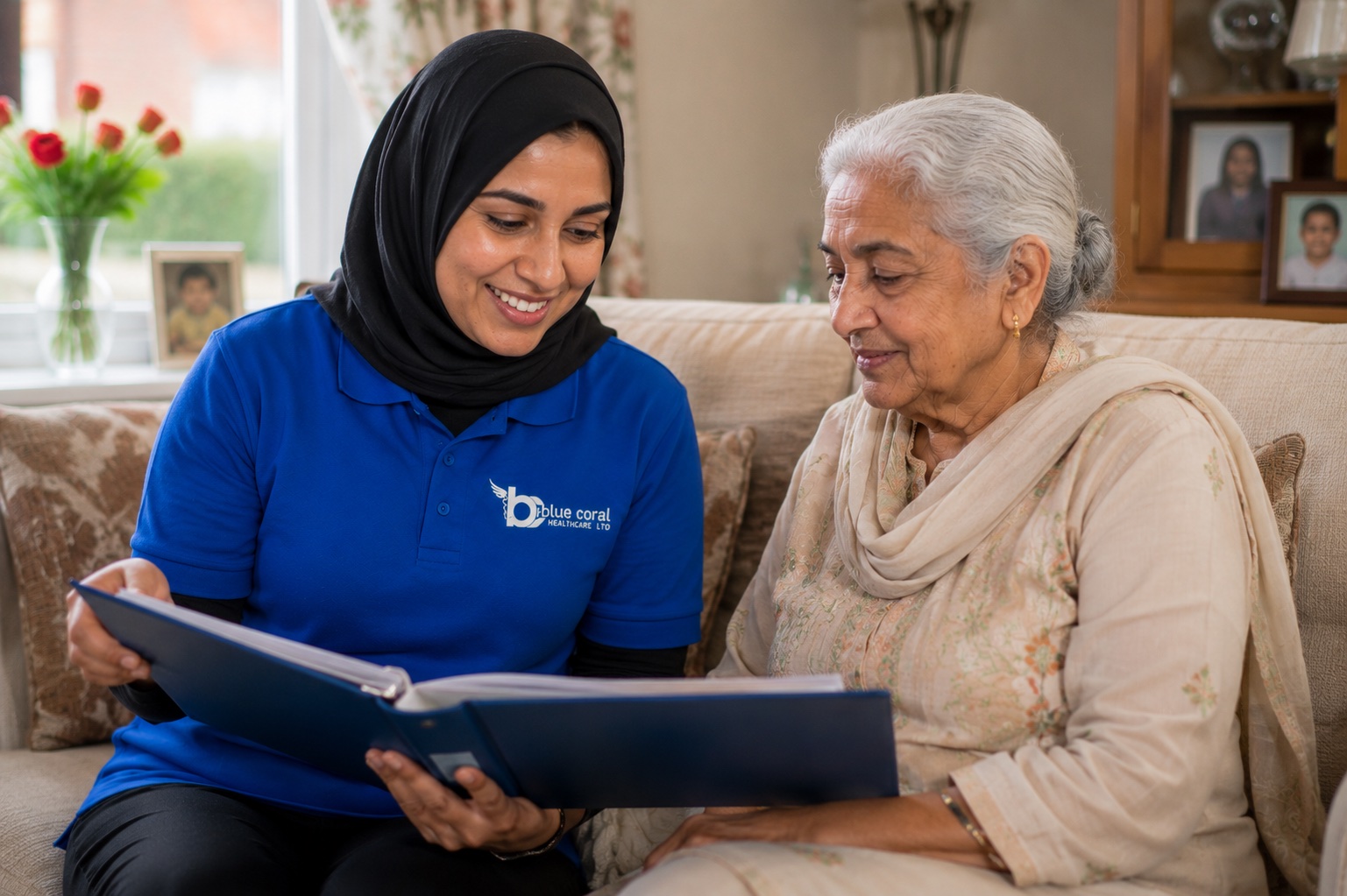 Blue Coral Healthcare carer following a care routine handover during respite care at home